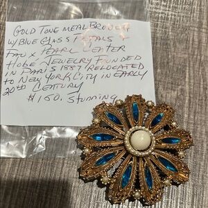Vintage Gold Brooch with Blue and Pearl Accents